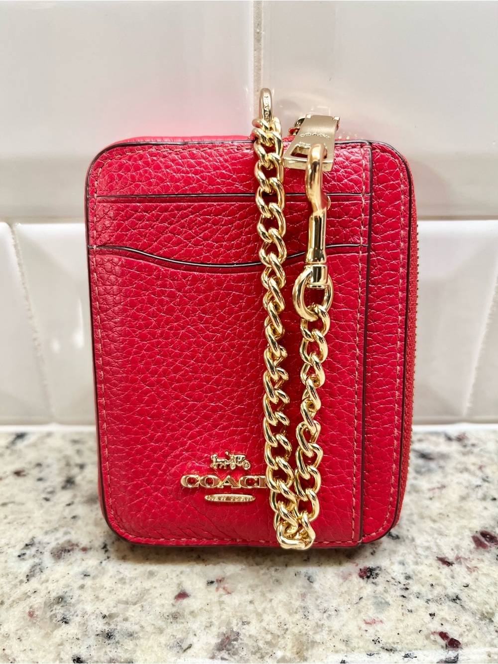 Coach Pebbled Red Leather Zippered Card Holder with Strap EUC